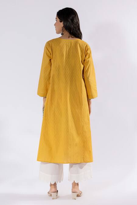 Shop Pants And Pajamas Yellow Cotton Embroidery Split V-neck Thread Kurta And Flared Pant Set at Aza Fashions Shop_Pants And Pajamas_Yellow Cotton Embroidery Split V-neck Thread Kurta And Flared Pant Set_at_Aza_Fashions
