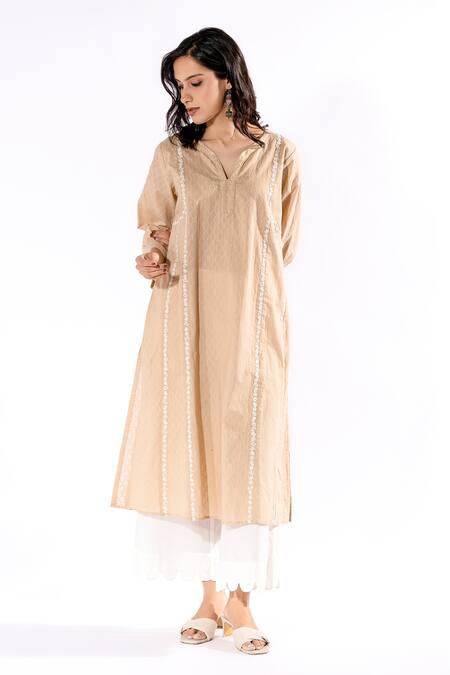Pants And Pajamas_Beige Cotton, Denim Embroidery Collared Floral Thread Kurta And Pant Set_Online_at_Aza_Fashions
