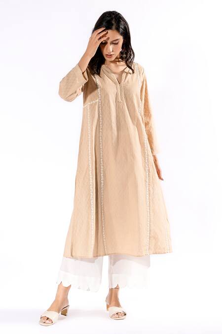 Buy_Pants And Pajamas_Beige Cotton, Denim Embroidery Collared Floral Thread Kurta And Pant Set_Online_at_Aza_Fashions