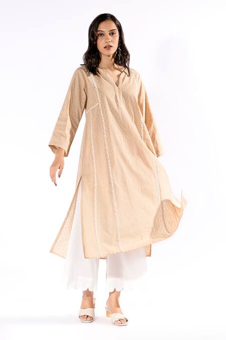 Shop_Pants And Pajamas_Beige Cotton, Denim Embroidery Collared Floral Thread Kurta And Pant Set_Online_at_Aza_Fashions