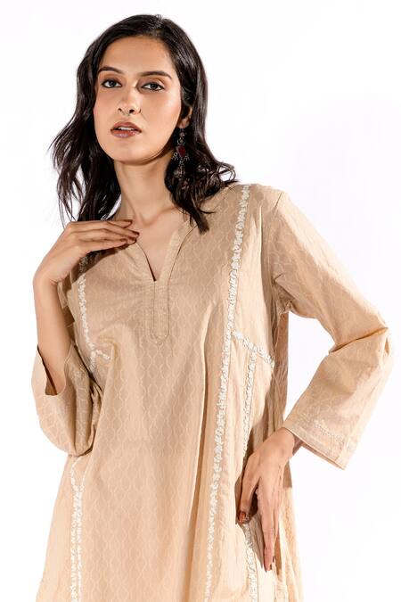 Pants And Pajamas_Beige Cotton, Denim Embroidery Collared Floral Thread Kurta And Pant Set_at_Aza_Fashions