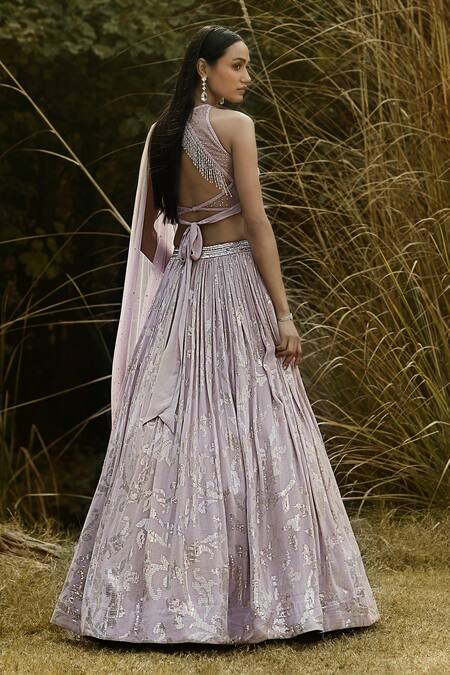 Shop Basanti - Kapde Aur Koffee Purple Net, Georgette, Cotton Sequins, Pearls, Floral Embroidered Lehenga Set at Aza Fashions Shop_Basanti - Kapde Aur Koffee_Purple Net, Georgette, Cotton Sequins, Pearls, Floral Embroidered Lehenga Set_at_Aza_Fashions