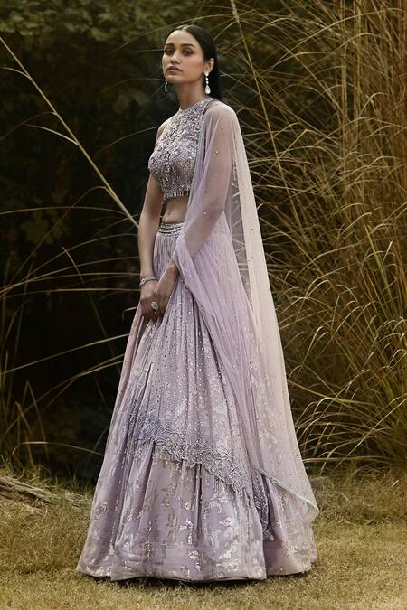 Basanti - Kapde Aur Koffee Purple Net, Georgette, Cotton Sequins, Pearls, Floral Embroidered Lehenga Set Online at Aza Fashions Basanti - Kapde Aur Koffee_Purple Net, Georgette, Cotton Sequins, Pearls, Floral Embroidered Lehenga Set_Online_at_Aza_Fashions