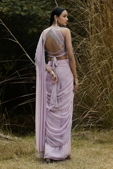 Shop Basanti - Kapde Aur Koffee Purple Organza Embroidery, Stone Embellished Border Pre-draped Saree With Blouse at Aza Fashions Shop_Basanti - Kapde Aur Koffee_Purple Organza Embroidery, Stone Embellished Border Pre-draped Saree With Blouse_at_Aza_Fashions