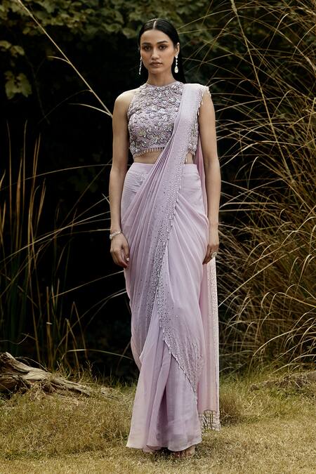 Basanti - Kapde Aur Koffee Purple Organza Embroidery, Stone Embellished Border Pre-draped Saree With Blouse Online at Aza Fashions Basanti - Kapde Aur Koffee_Purple Organza Embroidery, Stone Embellished Border Pre-draped Saree With Blouse_Online_at_Aza_Fashions