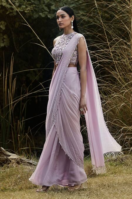 Shop Basanti - Kapde Aur Koffee Purple Organza Embroidery, Stone Embellished Border Pre-draped Saree With Blouse Online at Aza Fashions Shop_Basanti - Kapde Aur Koffee_Purple Organza Embroidery, Stone Embellished Border Pre-draped Saree With Blouse_Online_at_Aza_Fashions