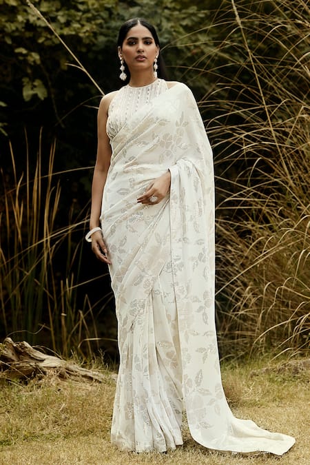 Basanti - Kapde Aur Koffee White Georgette Embellished Bead Floral Sequin Pre-draped Saree With Blouse 