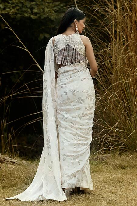 Shop Basanti - Kapde Aur Koffee White Georgette Sequins, Beads, Floral Embellished Pre-draped Saree With Blouse at Aza Fashions Shop_Basanti - Kapde Aur Koffee_White Georgette Sequins, Beads, Floral Embellished Pre-draped Saree With Blouse_at_Aza_Fashions