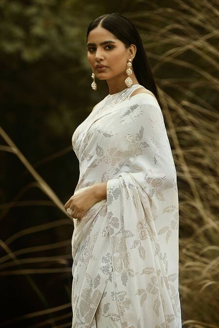 Shop Basanti - Kapde Aur Koffee White Georgette Sequins, Beads, Floral Embellished Pre-draped Saree With Blouse Online at Aza Fashions Shop_Basanti - Kapde Aur Koffee_White Georgette Sequins, Beads, Floral Embellished Pre-draped Saree With Blouse_Online_at_Aza_Fashions
