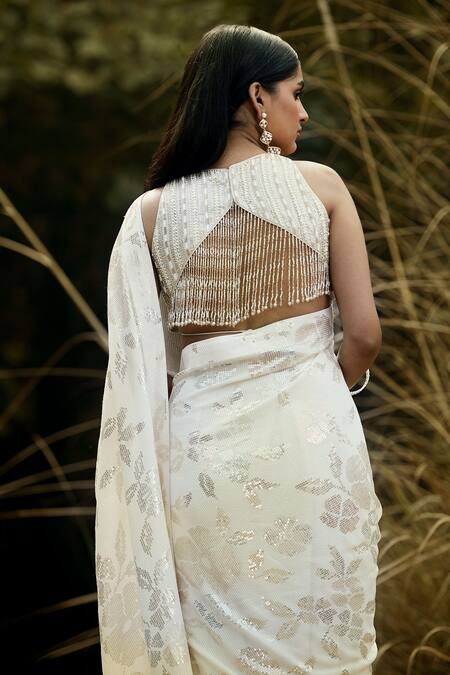 Basanti - Kapde Aur Koffee White Georgette Sequins, Beads, Floral Embellished Pre-draped Saree With Blouse at Aza Fashions Basanti - Kapde Aur Koffee_White Georgette Sequins, Beads, Floral Embellished Pre-draped Saree With Blouse_at_Aza_Fashions
