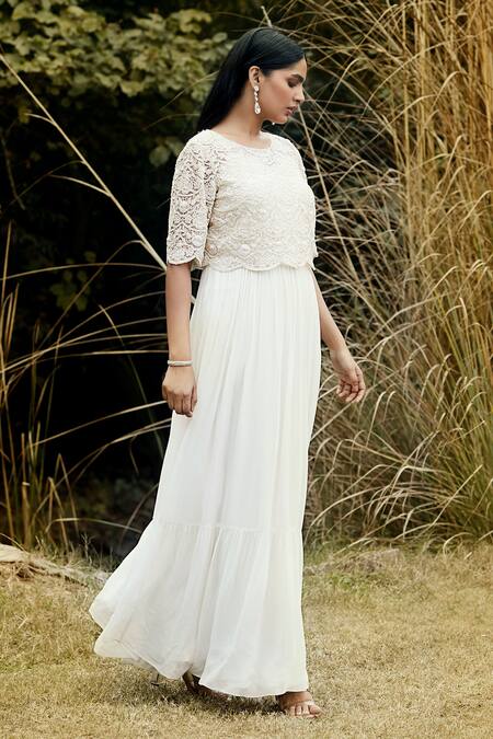 Shop_Basanti Kapde aur Koffee_Off White Georgette Sequins Round Floral Embroidered Cape With Pleated Dress_Online_at_Aza_Fashions