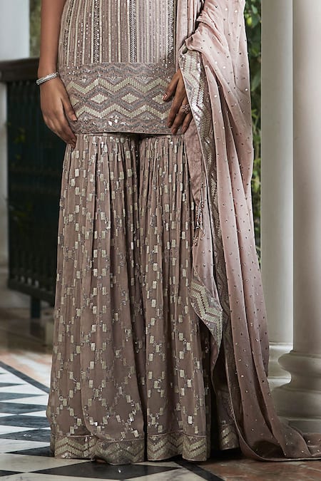 Basanti - Kapde Aur Koffee Brown Georgette Sequins Round Neck Stripe Embellished Kurta Sharara Set Online at Aza Fashions Basanti - Kapde Aur Koffee_Brown Georgette Sequins Round Neck Stripe Embellished Kurta Sharara Set_Online_at_Aza_Fashions