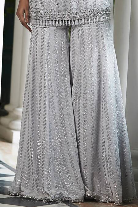 Basanti - Kapde Aur Koffee_Grey Georgette Sequins, Beads One Shoulder Embellished Kurta With Sharara_Online_at_Aza_Fashions