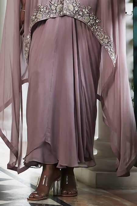 Basanti Kapde aur Koffee_Purple Organza Sequins, Beads Round Neck Floral Embellished Cape Skirt Set_Online_at_Aza_Fashions