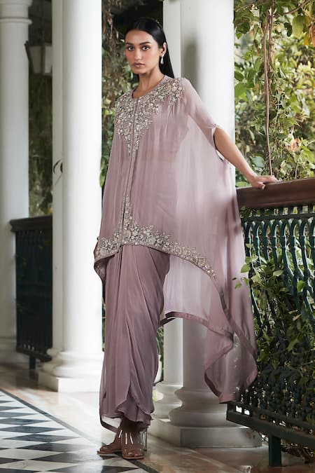 Buy_Basanti Kapde aur Koffee_Purple Organza Sequins, Beads Round Neck Floral Embellished Cape Skirt Set_Online_at_Aza_Fashions