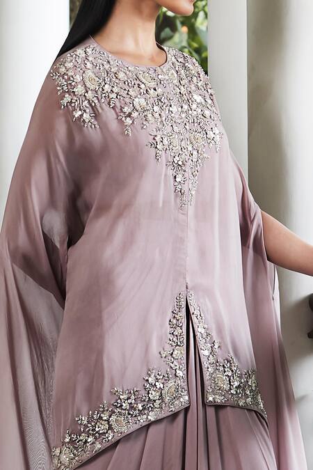 Shop_Basanti Kapde aur Koffee_Purple Organza Sequins, Beads Round Neck Floral Embellished Cape Skirt Set_Online_at_Aza_Fashions