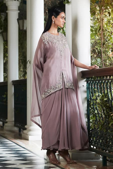 Basanti Kapde aur Koffee_Purple Organza Sequins, Beads Round Neck Floral Embellished Cape Skirt Set_at_Aza_Fashions