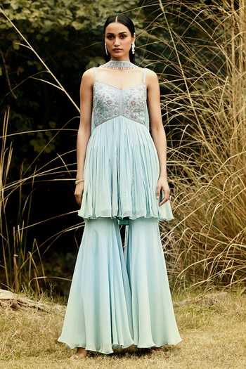 Basanti Kapde aur Koffee_Blue Georgette, Net Sequins, Beads Embellished Peplum Kurta Sharara Set_Online_at_Aza_Fashions
