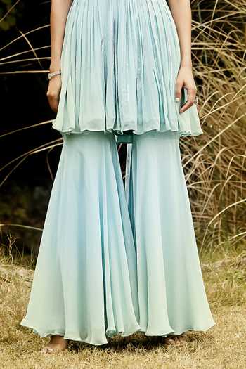 Buy_Basanti Kapde aur Koffee_Blue Georgette, Net Sequins, Beads Embellished Peplum Kurta Sharara Set_Online_at_Aza_Fashions