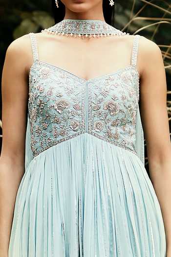 Shop_Basanti Kapde aur Koffee_Blue Georgette, Net Sequins, Beads Embellished Peplum Kurta Sharara Set_Online_at_Aza_Fashions