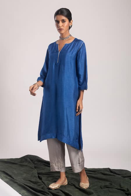 Tuli_Blue Denim, Silk Split V-neck Nilima Asymmetric Hem Kurta With Pant _Online_at_Aza_Fashions
