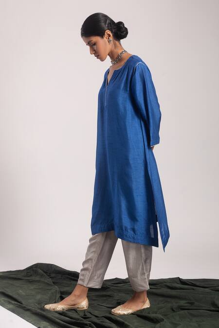 Shop_Tuli_Blue Denim, Silk Split V-neck Nilima Asymmetric Hem Kurta With Pant _Online_at_Aza_Fashions