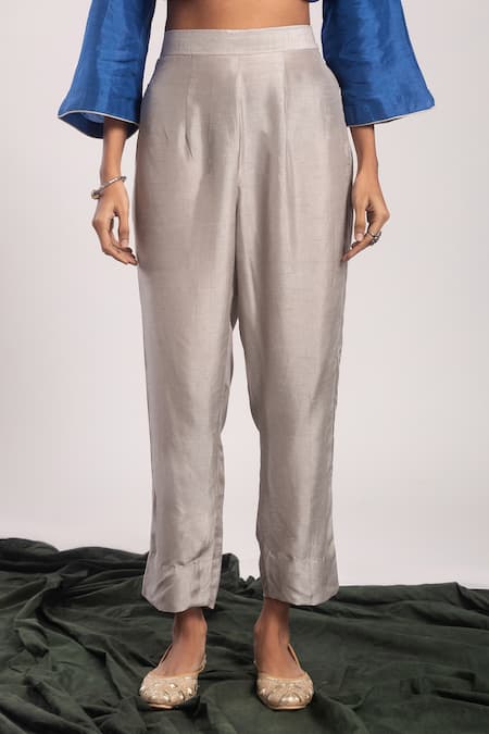 Tuli_Blue Denim, Silk Split V-neck Nilima Asymmetric Hem Kurta With Pant _at_Aza_Fashions