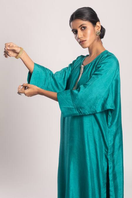 Shop_Tuli_Green Denim Round Neck Ratna Straight Kurta With Pant _Online_at_Aza_Fashions