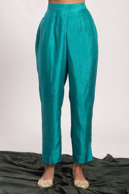 Tuli_Green Denim Round Neck Ratna Straight Kurta With Pant _at_Aza_Fashions