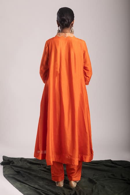 Shop_Tuli_Orange Embroidery V-neck Kasi A-line Kurta With Pant _at_Aza_Fashions