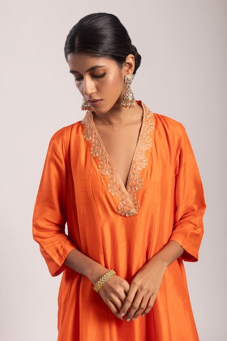 Shop_Tuli_Orange Embroidery V-neck Kasi A-line Kurta With Pant _Online_at_Aza_Fashions