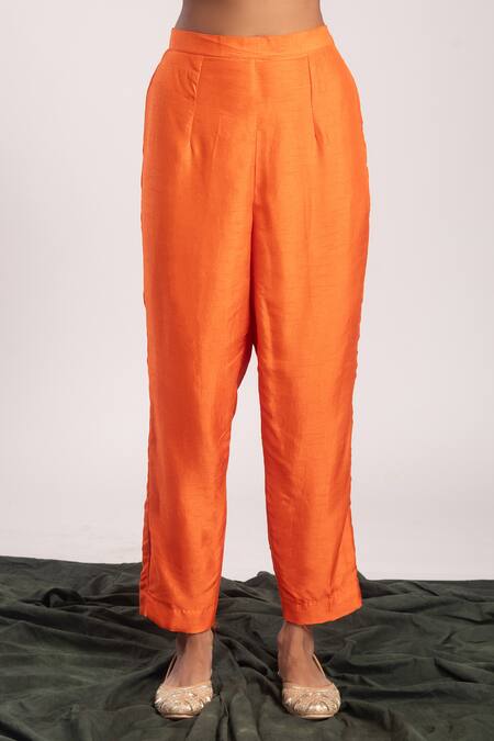 Tuli_Orange Embroidery V-neck Kasi A-line Kurta With Pant _at_Aza_Fashions