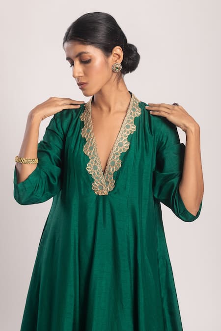 Shop_Tuli_Green Silk Embroidery V-neck Malati A-line Kurta With Pant _Online_at_Aza_Fashions