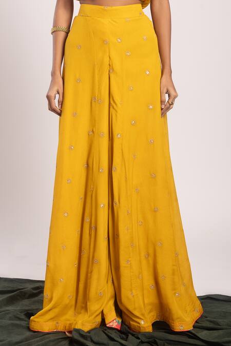 Buy_Tuli_Yellow Denim, Organza Embroidery Square Neck Pitah Kurta Sharara Set _Online_at_Aza_Fashions