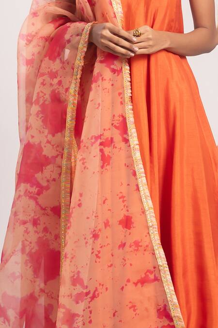 Buy_Tuli_Orange Organza Sweetheart Neck Gramika Anarkali Pant Set _Online_at_Aza_Fashions