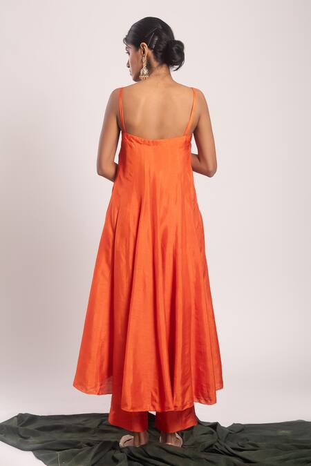 Shop_Tuli_Orange Organza Embroidery Sweetheart Neck Naringah Anarkali Pant Set _at_Aza_Fashions