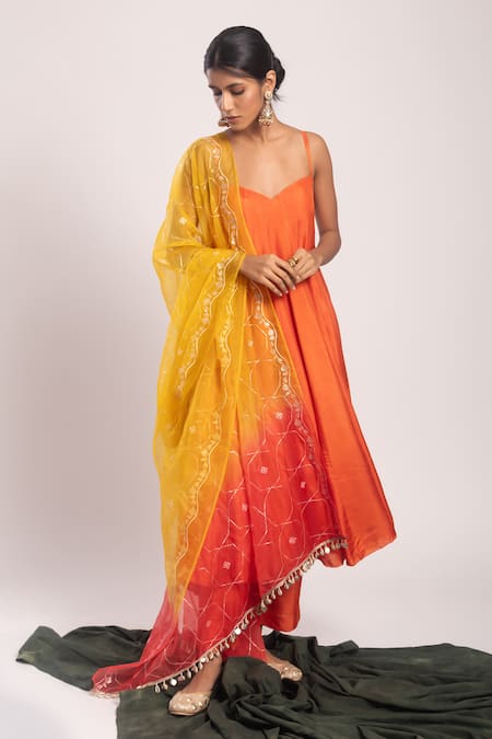 Tuli_Orange Organza Embroidery Sweetheart Neck Naringah Anarkali Pant Set _at_Aza_Fashions