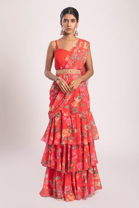 Tuli_Red Georgette Sequins, Embroidery Asa Pre-draped Floral Print Saree With Blouse _Online_at_Aza_Fashions