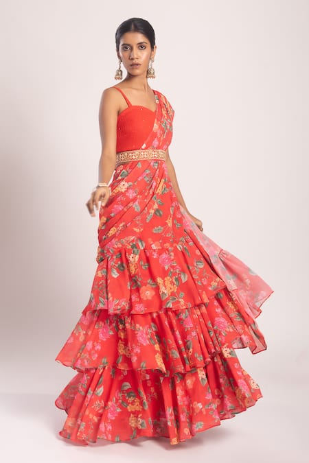 Buy_Tuli_Red Georgette Sequins, Embroidery Asa Pre-draped Floral Print Saree With Blouse _Online_at_Aza_Fashions