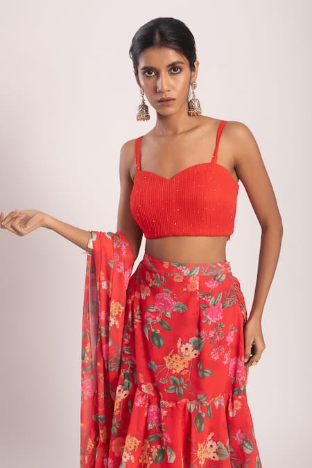 Shop_Tuli_Red Georgette Sequins, Embroidery Asa Pre-draped Floral Print Saree With Blouse _Online_at_Aza_Fashions