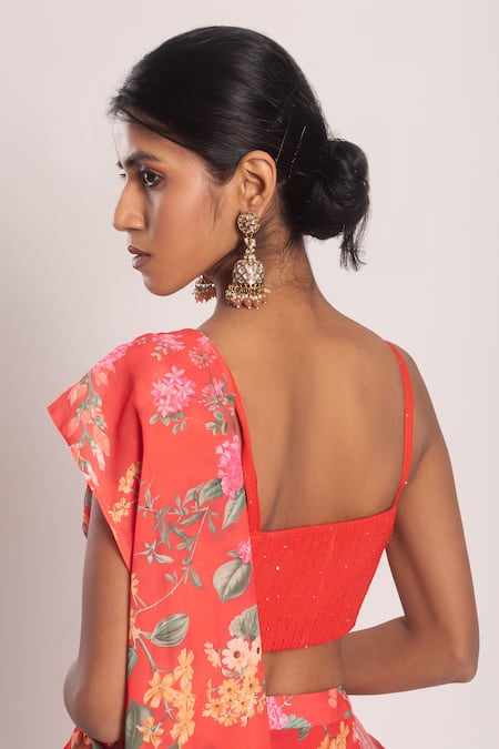 Tuli_Red Georgette Sequins, Embroidery Asa Pre-draped Floral Print Saree With Blouse _at_Aza_Fashions