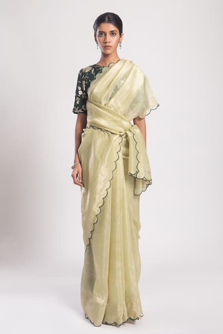 Buy Tuli Green Silk, Organza Embroidery Round Neck Pastel Scallop Trimmed Saree And Blouse Online at Aza Fashions Buy_Tuli_Green Silk, Organza Embroidery Round Neck Pastel Scallop Trimmed Saree And Blouse _Online_at_Aza_Fashions