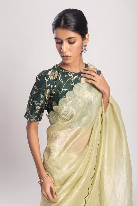 Shop Tuli Green Silk, Organza Embroidery Round Neck Pastel Scallop Trimmed Saree And Blouse Online at Aza Fashions Shop_Tuli_Green Silk, Organza Embroidery Round Neck Pastel Scallop Trimmed Saree And Blouse _Online_at_Aza_Fashions