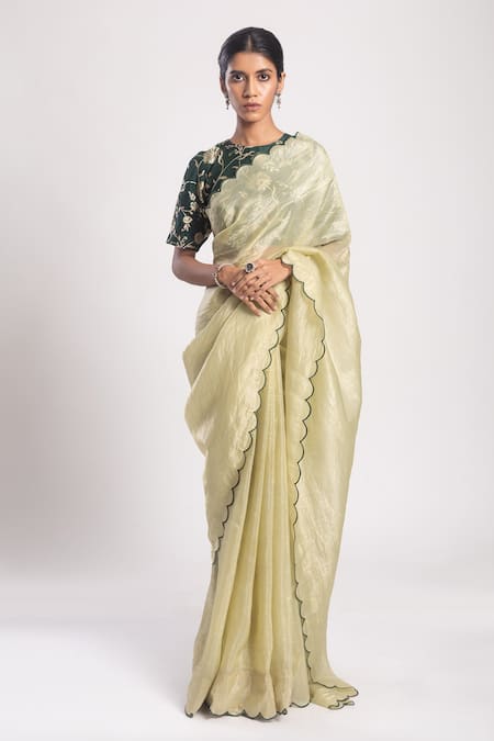 Shop_Tuli_Green Organza Yuni Scallop Trimmed Saree _at_Aza_Fashions