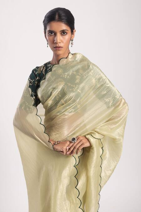 Shop_Tuli_Green Organza Yuni Scallop Trimmed Saree _Online_at_Aza_Fashions