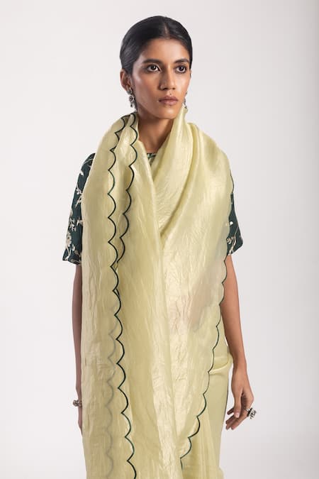 Tuli_Green Organza Yuni Scallop Trimmed Saree _at_Aza_Fashions