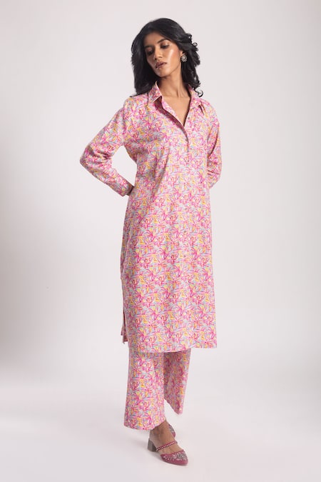 Buy Pink Cotton Printed Floral Collar Saha Jacket Kurta And Flared Pant ...