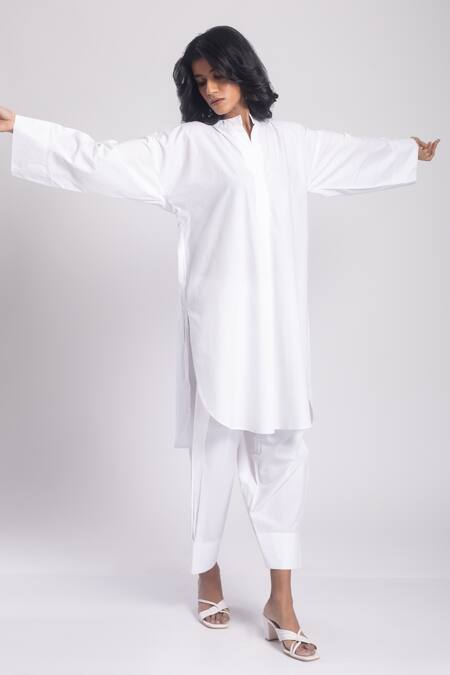 Tuli_White Cotton Solid Pathani Kurta And Salwar Set_Online_at_Aza_Fashions