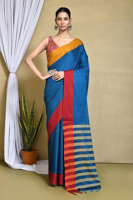 Nazaakat by Samara Singh Blue Pure Cotton Plain Contrast Panel Saree With Running Blouse