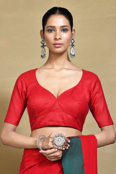 Nazaakat by Samara Singh Red Linen Cotton Solid Leaf Neck Blouse